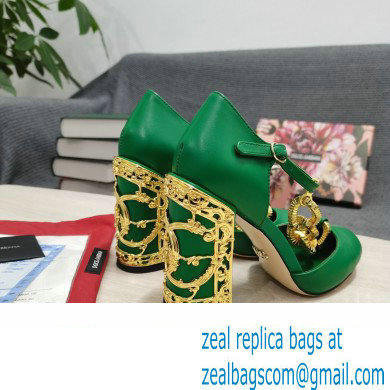 Dolce  &  Gabbana Logo Heel 10.5cm Chain leather T-strap Pumps Green 2022